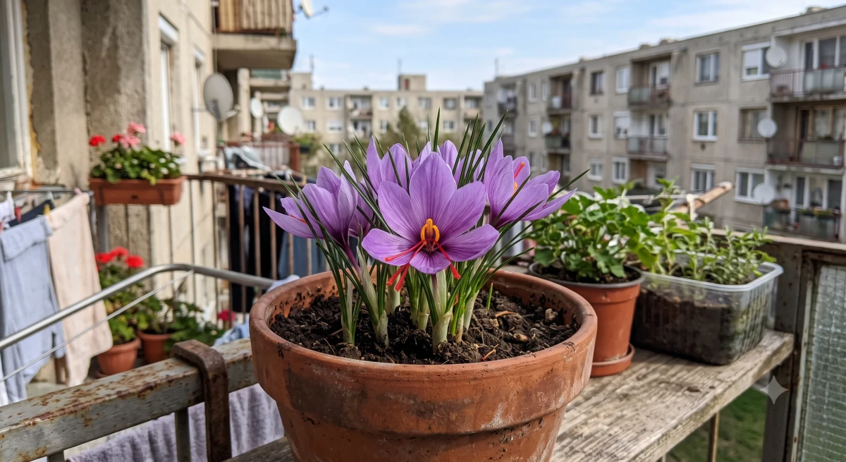 Virágzó sáfrány (Crocus sativus) cserépben az erkélyen, lila szirmokkal és vörös bibeszálakkal