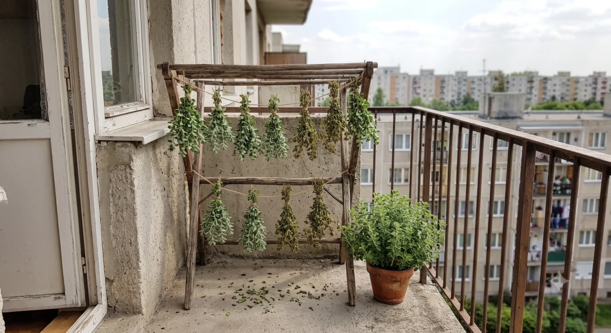 Frissen szárított majoránna szálak otthon, konyhai szárításnál