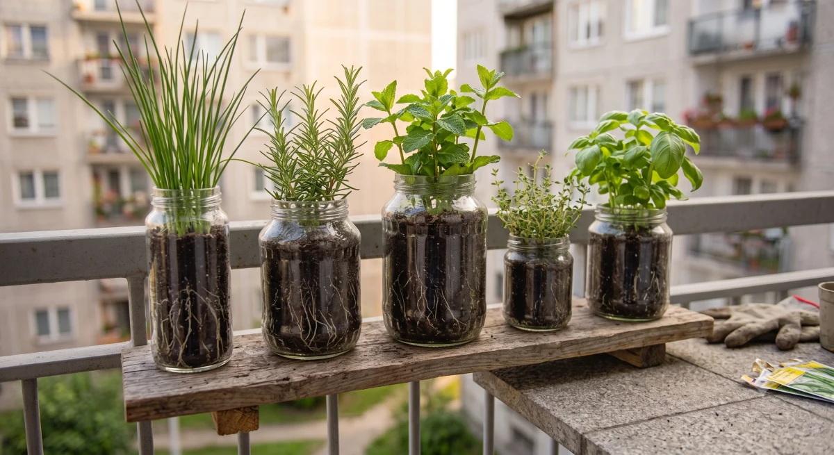 Befőttesüvegek fűszernövényekkel ablakpárkányon – DIY ültetőedény