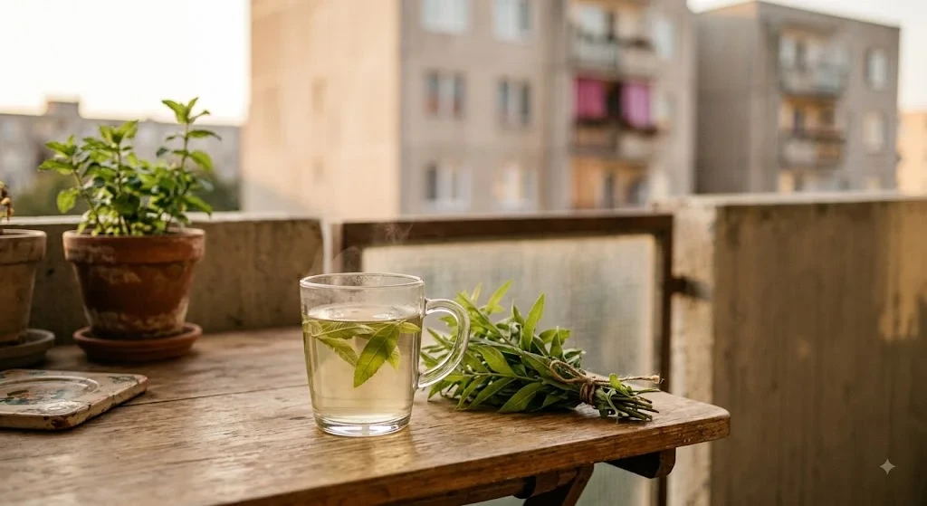 Frissen főzött citromverbéna tea egy csészében
