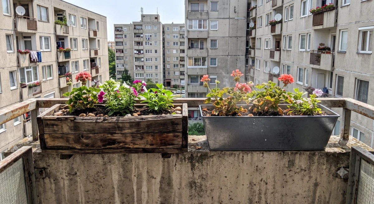 Fém erkélyláda tűző nyári napon, felmelegedésre hajlamos anyag