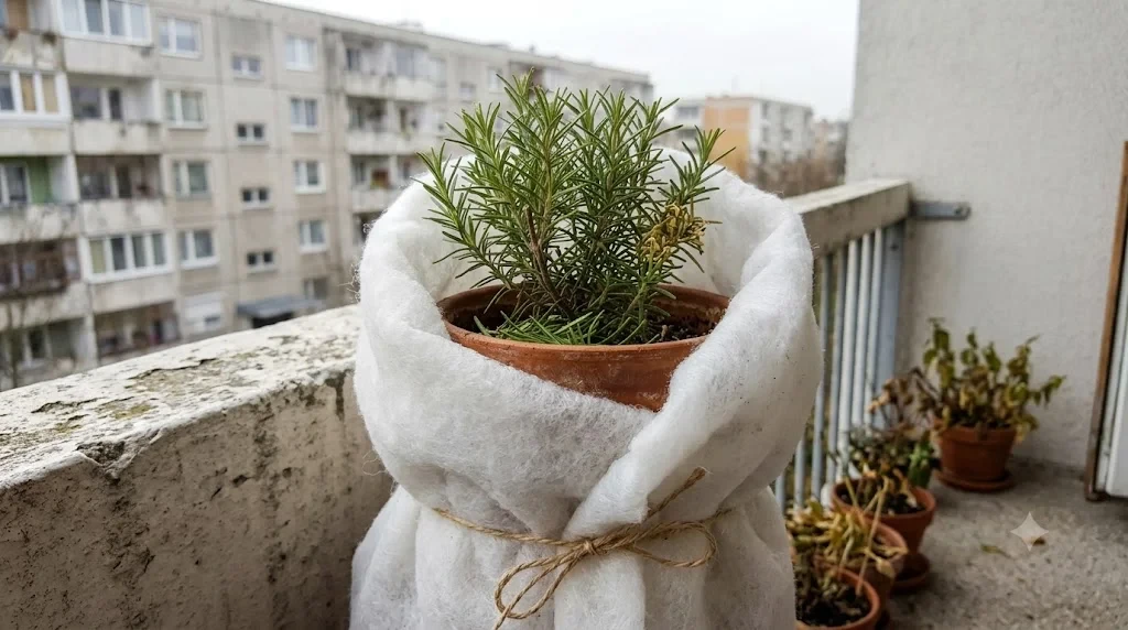 Kertészeti fleece-szel védett cserép erkélyen – így védd a növényeket az első fagytól