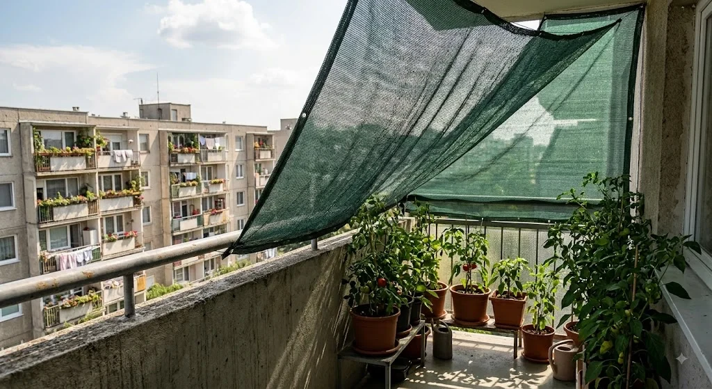Árnyékoló háló felszerelve az erkély korlátjára