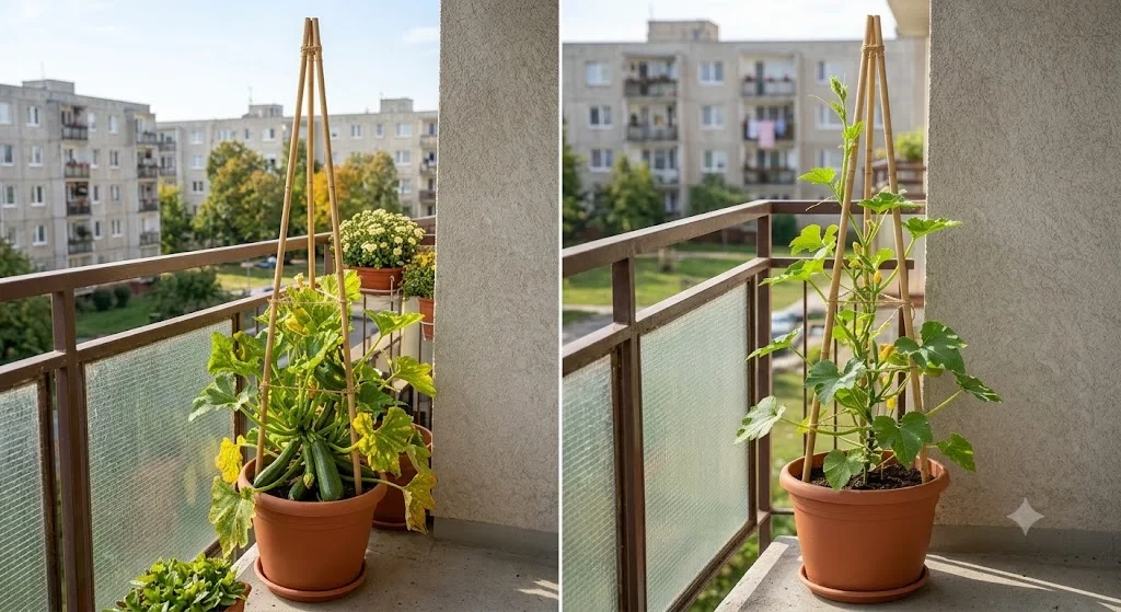Cukkini felfuttatva bambuszháromszögre erkélyen – helytakarékos megoldás