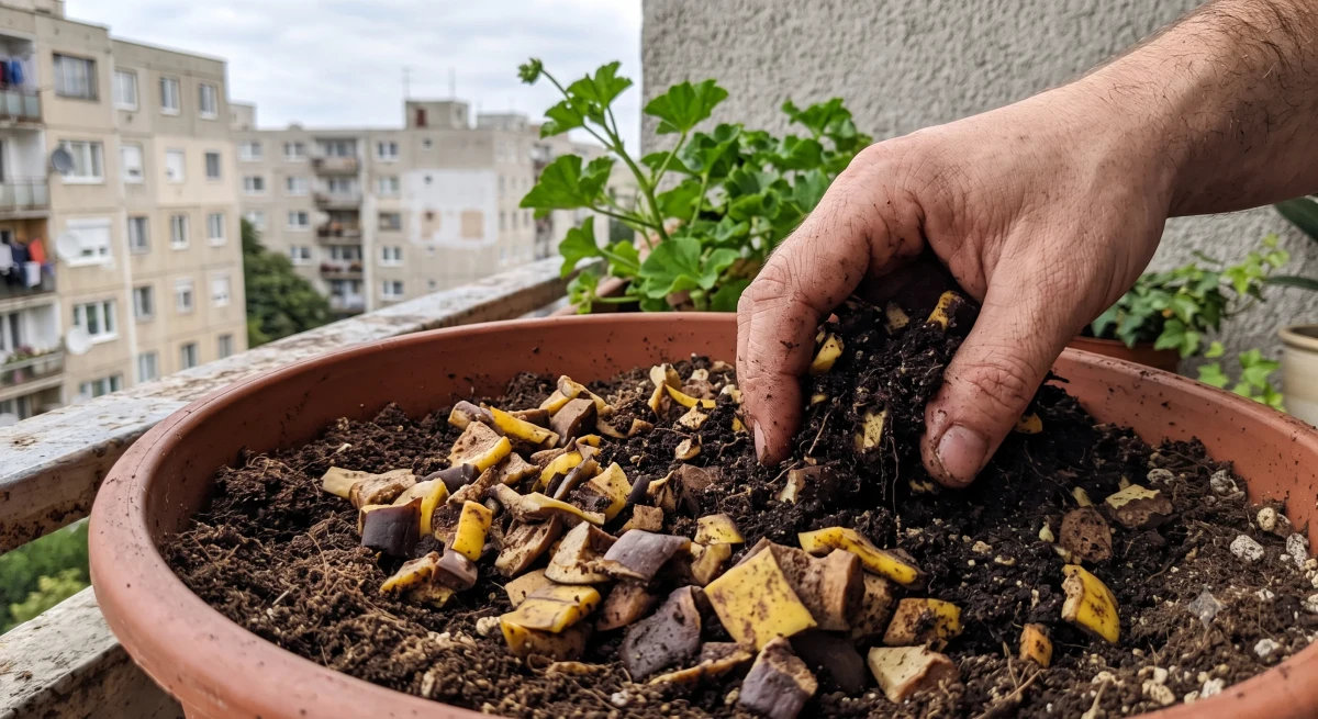 Felaprított banánhéj a virágföldbe keverve, természetes tápanyagforrásként