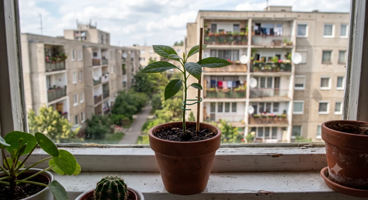 Kihajtott avokádócsemete cserépbe ültetve