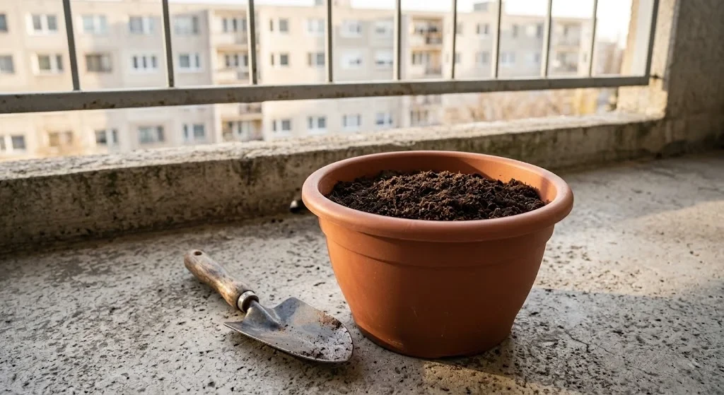 Friss talajkeverék előkészítve az új cserépben
