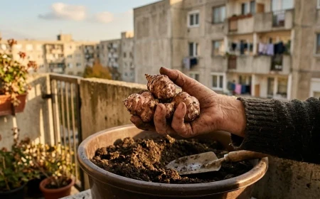 Frissen kiásott csicsóka gumók egy kertészkezében, földdel a felületükön