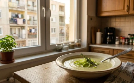 Házi póréhagymaleves egy tányérban