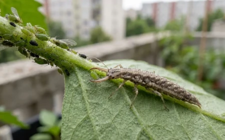 Fátyolka lárva egy levélen, ahogy kártevőket pusztít az erkélyen