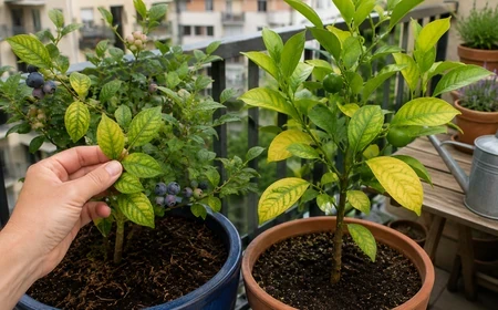Áfonya és citrus cserepek erkélyen, a pH-érzékeny növények klorózisának ellenőrzéséhez