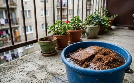 Kókuszrost tégla áztatása egy vödörben az erkélyen