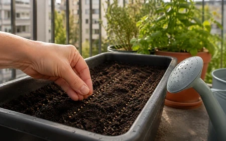 Pak choi magvetése nedves földbe balkonládában