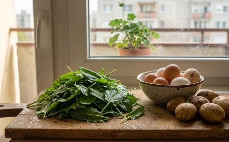 Sóskaleves alapanyagai a konyhapulton, saját termésű sóskával