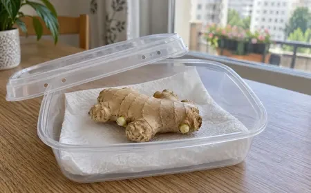 Gyömbérrizóma enyhén nedves papíron, szellőző dobozban