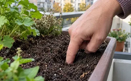 A föld nedvességének ellenőrzése ujjpróbával egy balkonládában