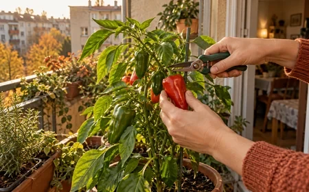 Paprika szüretelése metszőollóval az erkélyen