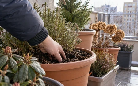 A cserép földjének nedvességét kézzel ellenőrző kertész télen