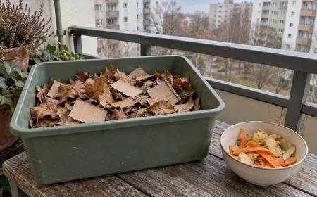 Száraz avar és aprított karton kis tárolóban