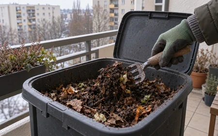 Kis balkoni komposztáló tartalmának téli ellenőrzése