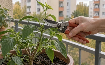Chili hajtásának óvatos visszavágása tiszta metszőollóval