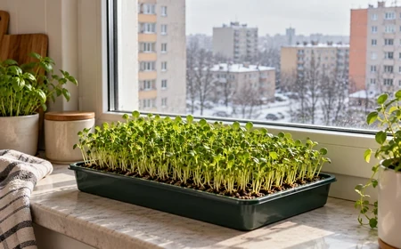 Frissen kelt mikrozöldek világos ablakpárkányon télen